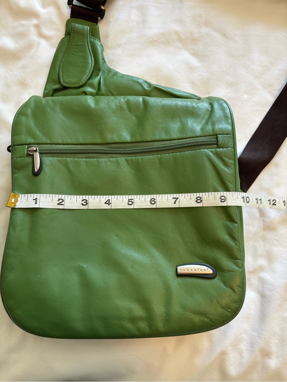 Travelon Green Leather Crossbody Sling Bag with Brown Strap